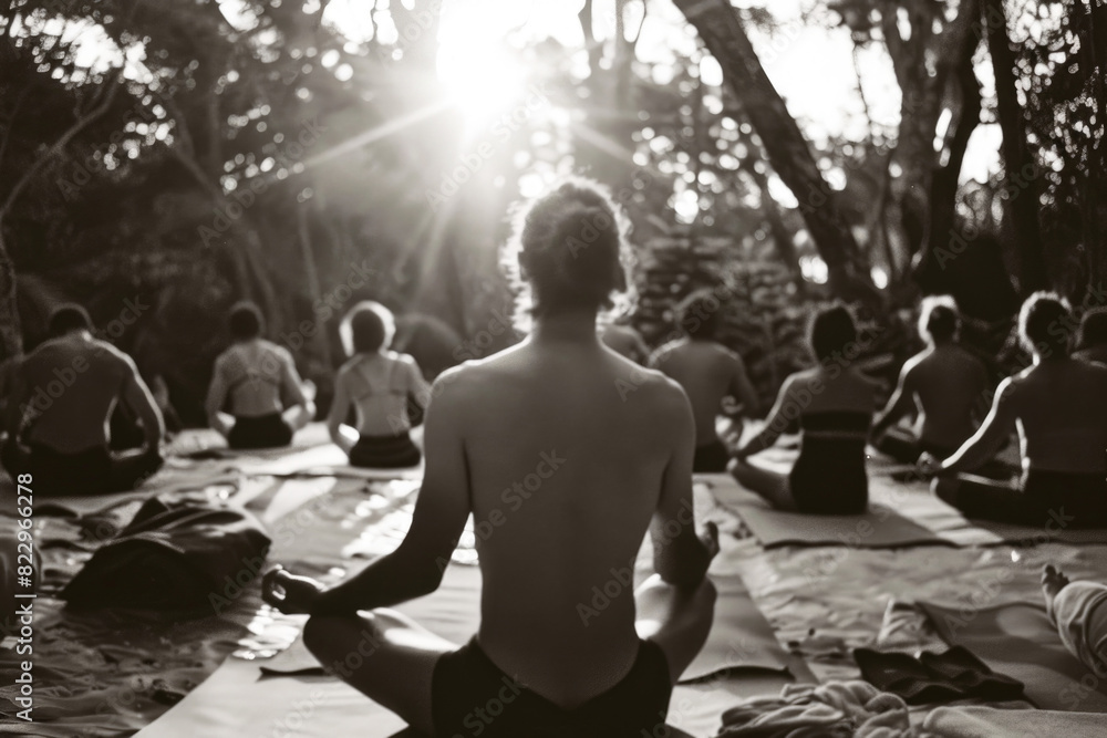 A group of people are sitting in a circle on the ground, some of them are wearing black. The man in the center is looking up at the sun A group of people are sitting in a circle on the ground, some of them are wearing black. The man in the center is looking up at the sun