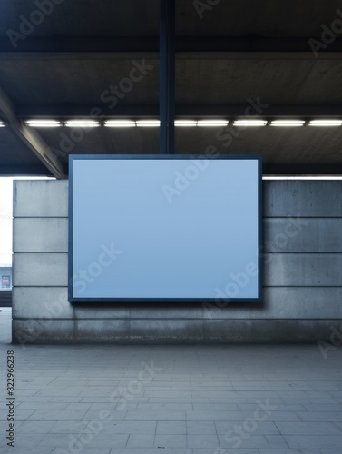 A large, empty billboard is hanging from the ceiling. The billboard is blue and white, and it is empty