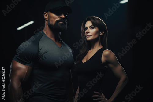 A man and a woman are standing in a dark room. The man is wearing a black shirt and the woman is wearing a black tank top. They both have a serious look on their faces