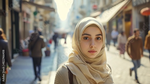 Elegant Muslim Girl with Headscarf in Busy City: Traditional Modesty and Modern Fashion in a Multicultural Urban Environment