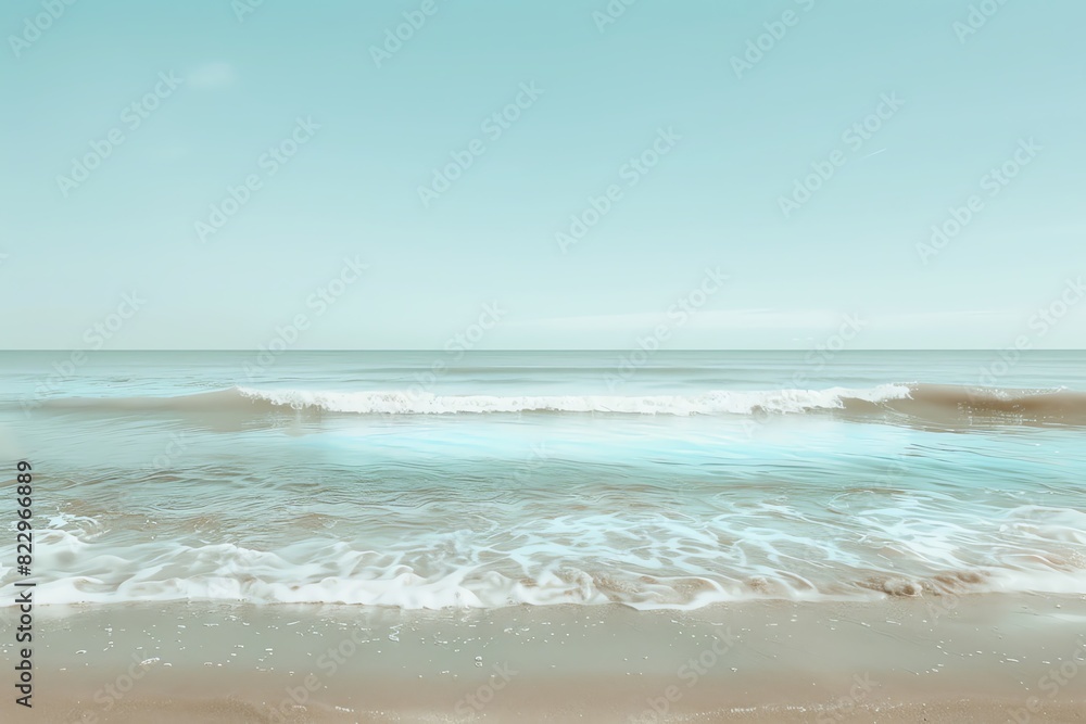 Minimalist beach with gentle waves and a clear blue sky, peaceful theme, sleek, Double exposure, serene seaside backdrop