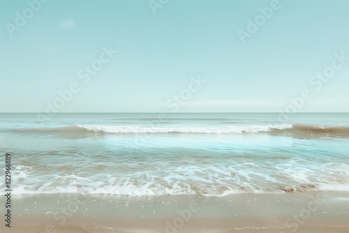 Minimalist beach with gentle waves and a clear blue sky, peaceful theme, sleek, Double exposure, serene seaside backdrop