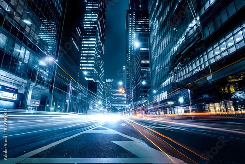 Night cityscape with skyscrapers and light trails from moving vehicles