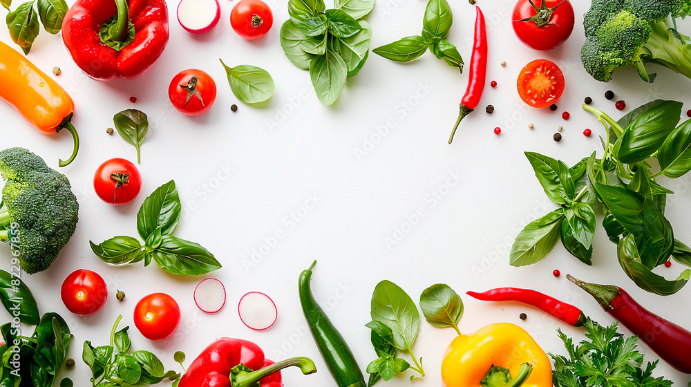 Fresh vegetables and herbs arranged on a white background with copy space Fresh vegetables and herbs arranged on a white background with copy space