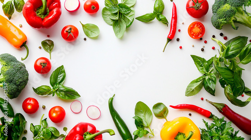 Fresh vegetables and herbs arranged on a white background with copy space