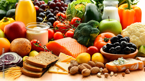 Assorted healthy foods including vegetables  fruits  nuts  salmon  and dairy products  concept of balanced diet and nutrition