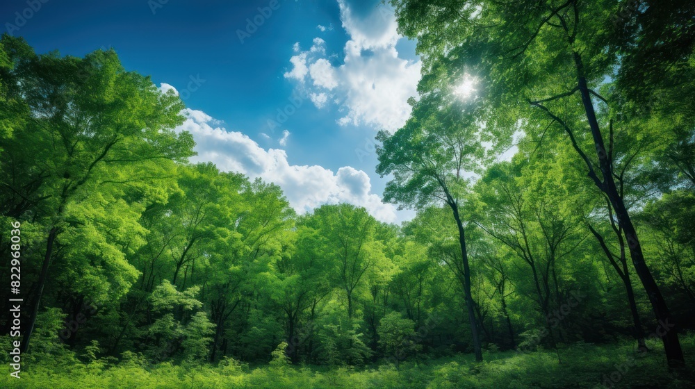 Fototapeta premium green forest with clear blue skies and a refreshing breeze, 