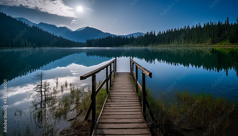 Scenic wooden bridge leading to a lake in a lush green forest.Tranquil mountain lake with a wooden bridge, sunlight dappling the water.Wooden bridge over calm lake in a forest clearing, mountains Scenic wooden bridge leading to a lake in a lush green forest.Tranquil mountain lake with a wooden bridge, sunlight dappling the water.Wooden bridge over calm lake in a forest clearing, mountains