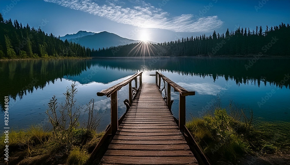 Scenic wooden bridge leading to a lake in a lush green forest.Tranquil mountain lake with a wooden bridge, sunlight dappling the water.Wooden bridge over calm lake in a forest clearing, mountains 