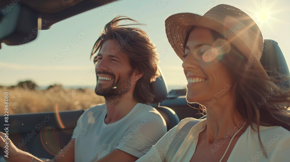 Smiling couple driving a convertible car on a sunny day, concept of freedom and joy Smiling couple driving a convertible car on a sunny day, concept of freedom and joy