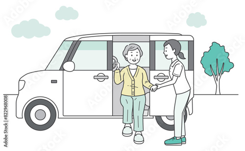 介護施設に送迎される高齢女性と介護士と福祉車両のイラスト
