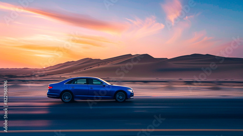 A blue car is driving down a road in a desert