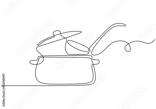 one continuous line drawing of ladle in pan on white background for cooking and kitchen concept.