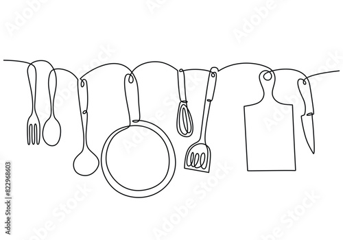 one continuous line drawing of hanging silk, pan, ladle and cutting board. Cooking and kitchen tools