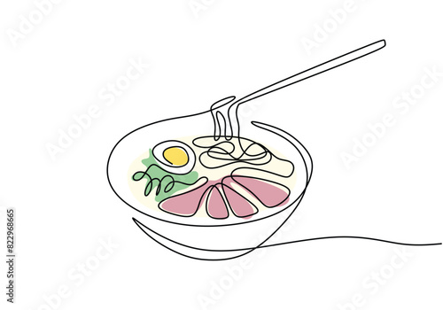 one continuous line drawing of chopsticks on ramen or chicken noddle with egg in big mug.