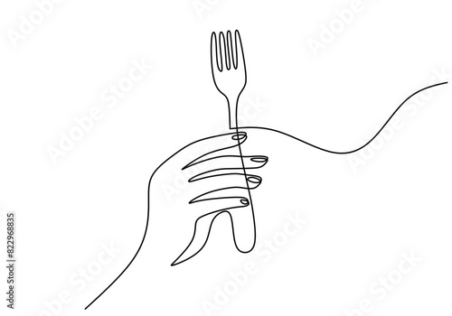 one continuous line drawing of hand hold fork isolated on white background vector illustration.