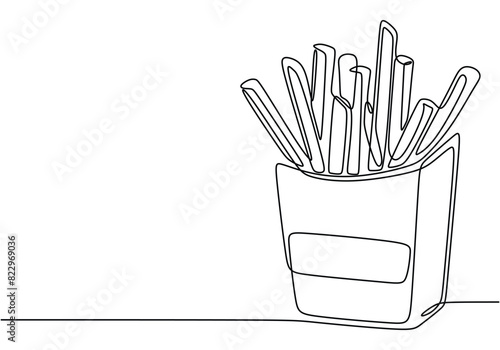 one continuous line drawing of french fries isolated on white background. Fast Food minimalism concept.
