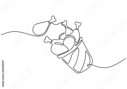 one continuous line drawing of A bucket of fried chicken drumsticks in cup on white background.