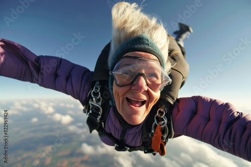 Happy skydiver senior woman do skydiving, freedom carefree concept - Generative AI