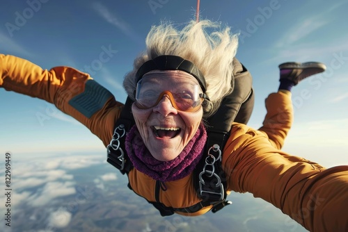 Happy skydiver senior woman do skydiving, freedom carefree concept - Generative AI