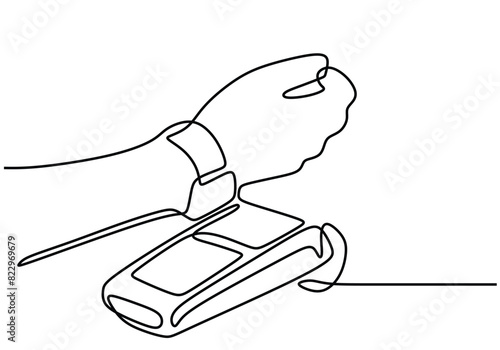 Single one line drawing of hand with smartwatch tap on edc machine. Bank concept. Continuous line draw design graphic vector illustration.