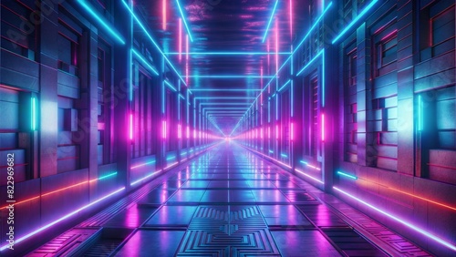 neon hallway  glowing lines  futuristic sci-fi corridor  purple pink blue lights  symmetry  geometric shapes  abstract 3D render  trippy visuals 