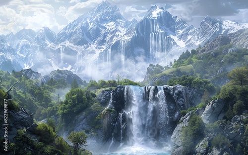 Mesmerizing mountain landscape with a waterfall cascading down, enchanting theme, magical, Composite, hidden gem backdrop