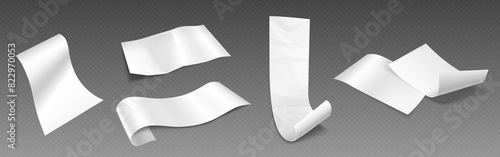 Paper bill or shop payment receipt isolated mockup. Supermarket invoice for grocery 3d vector. Falling restaurant pos cheque realistic. Blank ticket or voucher sheet top view. White atm reciept