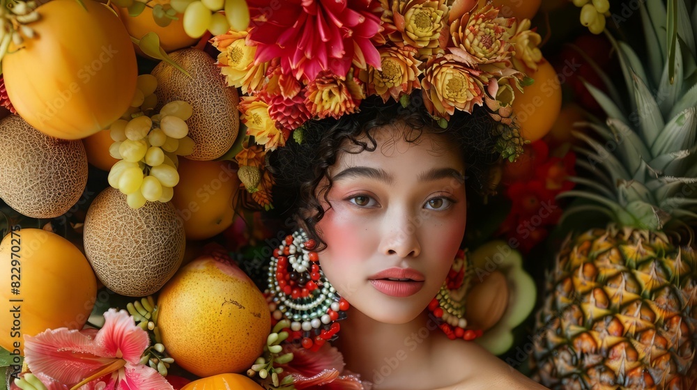 Close-up portrait of a beautiful young woman with bright creative make-up and fruit headpiece. Close-up portrait of a beautiful young woman with bright creative make-up and fruit headpiece.