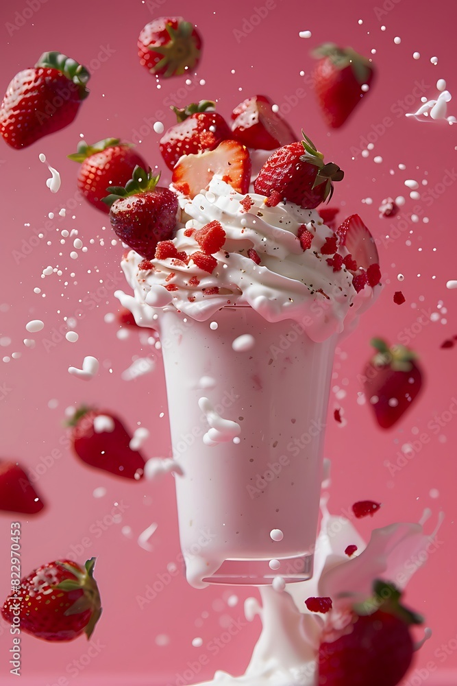 food photography of a milk shake with flying strawberrys against a pink background, professionally studio shot with cinematic lighting. Generative Ai food photography of a milk shake with flying strawberrys against a pink background, professionally studio shot with cinematic lighting. Generative Ai