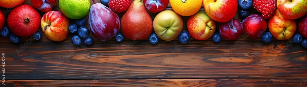 Closeup of a variety of fresh fruits on a wooden table. Closeup of a variety of fresh fruits on a wooden table.
