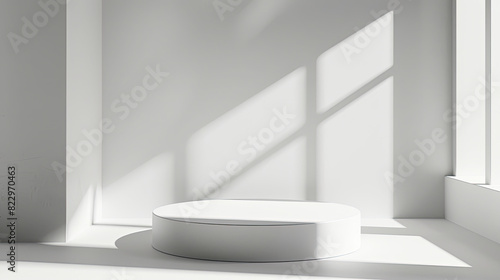 Empty white room with podium and sunlight. Created with Ai 