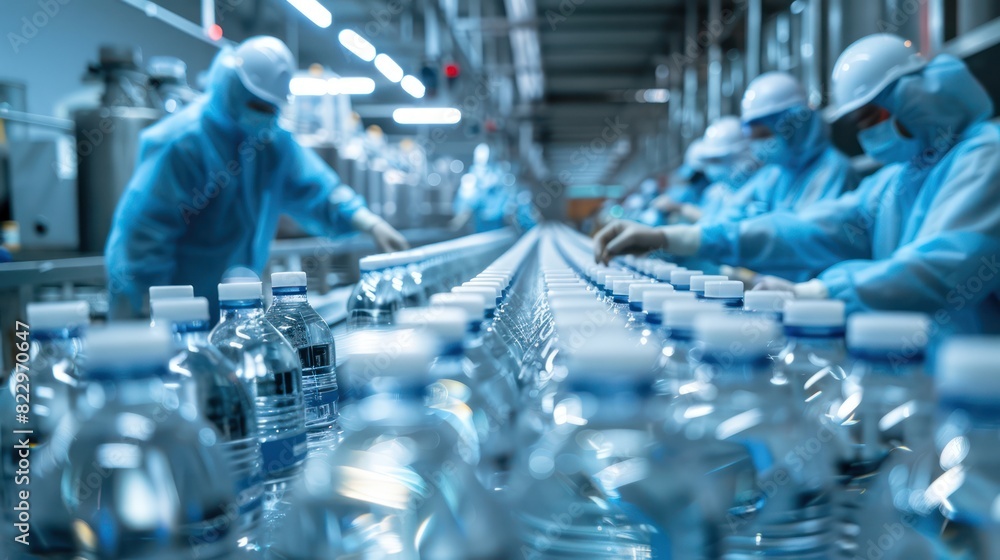 Workers are arranging mineral water products packaged in plastic bottles in a sterile factory, they wear sterile gloves and masks. Workers are arranging mineral water products packaged in plastic bottles in a sterile factory, they wear sterile gloves and masks.