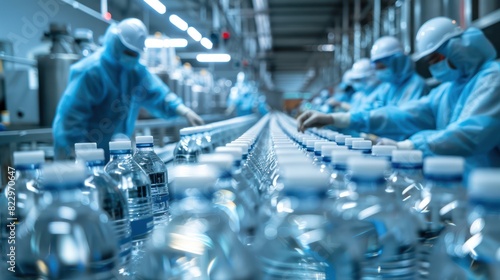 Workers are arranging mineral water products packaged in plastic bottles in a sterile factory, they wear sterile gloves and masks. photo