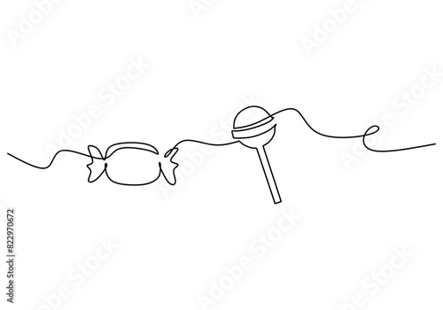 one continuous line drawing of two sweet candy isolated on white background. Sweet food concept.