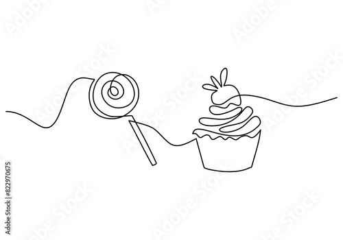 one continuous line drawing of sweet candy and muffin cake isolated on white background.