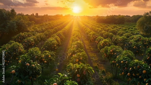 The photo shows a papaya field with sunset in the background. photo