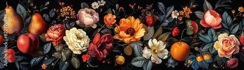 vibrant still life painting of a variety of flowers and fruit against a dark background photo