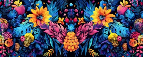 Vibrant and colorful floral pattern with pineapples, flowers, and leaves on a dark blue background.