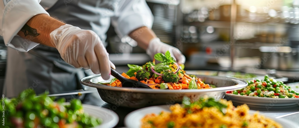 Fototapeta premium Chef preparing fresh and colorful salad in a professional kitchen, highlighting healthy and vibrant culinary creations.