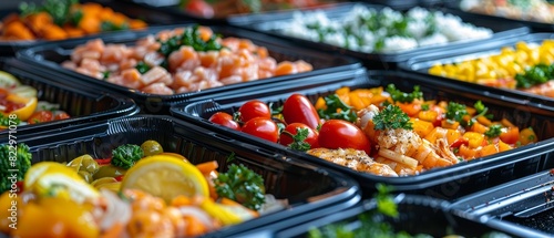 Colorful assortment of healthy meals in black containers, featuring vegetables, cherry tomatoes, and herbs. Ideal for meal prep and healthy eating.