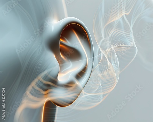 Abstract image of an ear with flowing lines representing sound waves, showcasing hearing and auditory concepts.