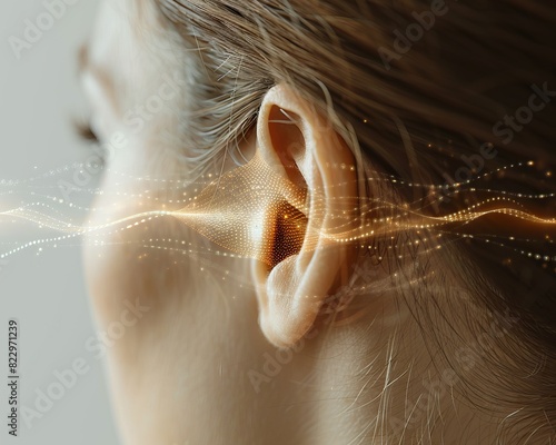 Close-up of a woman's ear with a digital sound wave illustration. Concept of hearing, audio technology, and communication. photo