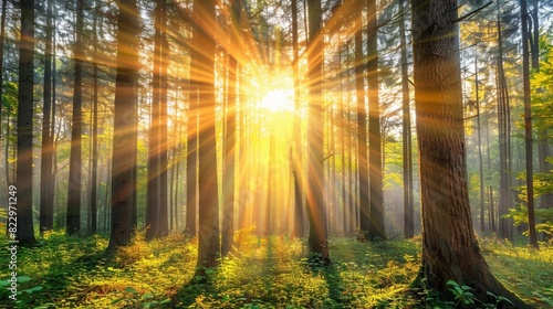 Silent Forest in spring with beautiful bright sun rays