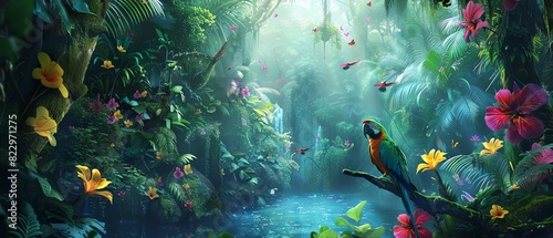 Beautiful rainforest scene with exotic birds and colorful flowers, vibrant theme, whimsical, Composite, biodiverse ecosystem backdrop photo
