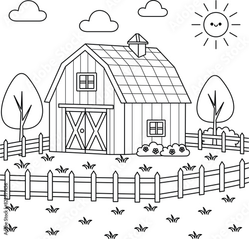 Farm house, barn coloring page for kids. Summer landcape vector illustration