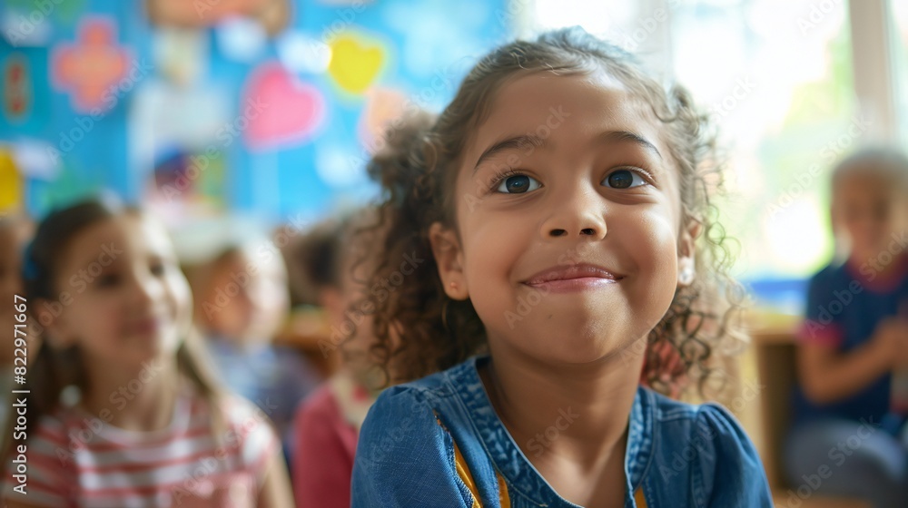 A fresh face in the classroom delighting classmates with their captivating painting, filling the room with warmth and excitement. A fresh face in the classroom delighting classmates with their captivating painting, filling the room with warmth and excitement.