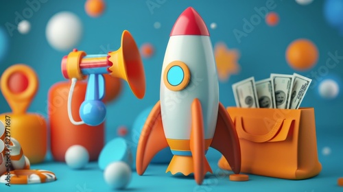 3D business icon set featuring a rocket, megaphone, and money bag, symbolizing startup success and marketing efforts