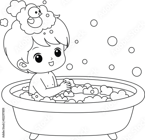 Baby boy in bathroom taking a shower coloring page clipart cartoon character. Child doing daily routine vector illustration.