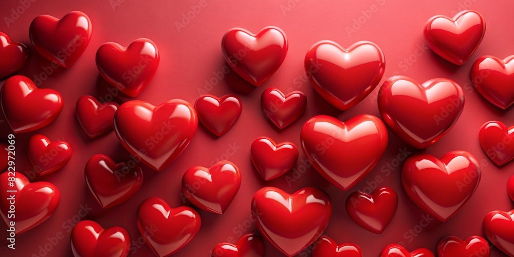 many red volumetric glossy hearts with a shadow on a red background, background for Valentine's Day, March 8, banner, card, birthday